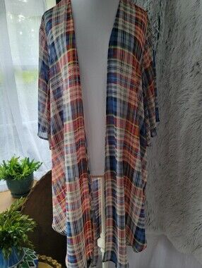 Torrid Plaid Open-Front Kimono in Blue, Red & Cream